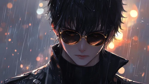 Rainlit loner in mirrored shades, drowning in city embers.