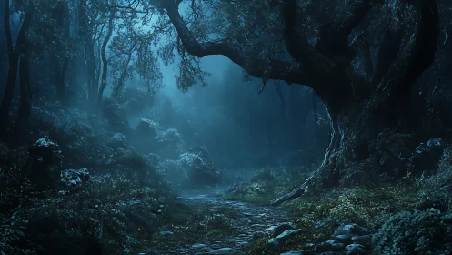 Ethereal Forest Pathway Through Ancient Twisted Trees.