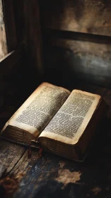 Ancient open book rests in warm light on rustic wooden desk