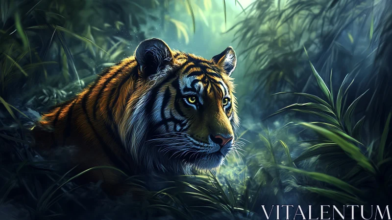 Jungle ember tiger prowls through mist-lit emerald shadows.