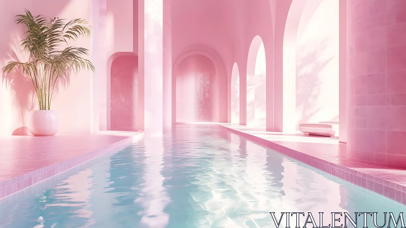 Sunlit pink indoor pool evokes dreamy minimalist calm