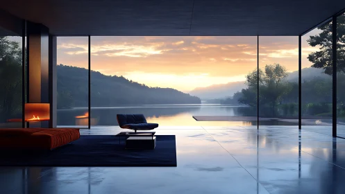 Modern glass lake house interior embraces sunrise panorama