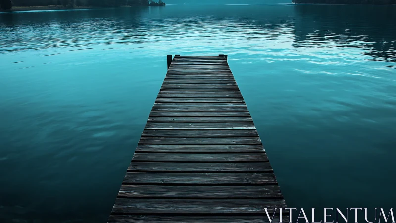 Quiet wooden pier reaching into calm blue lake waters.