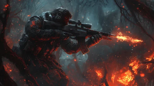 Firelit marksman carves neon tracers through a burning forest