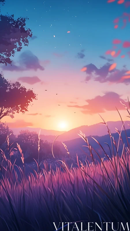 Sunset over distant hills and grassland in stylized view.