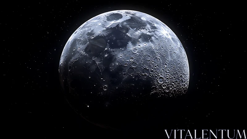Photorealistic lunar hemisphere with detailed crater relief rendering.