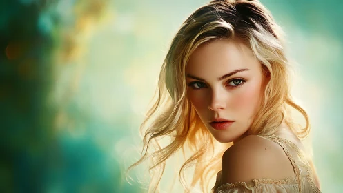 Sunlit portrait of ethereal blonde muse in soft bokeh glow.