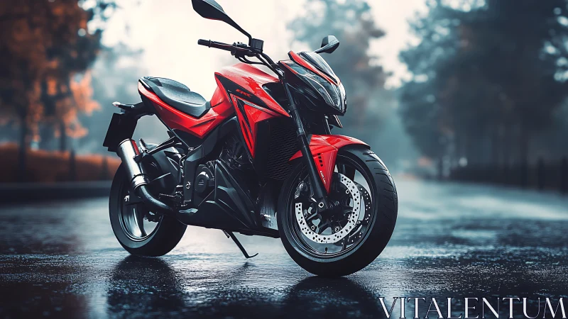 Red sport motorcycle stands on wet road in overcast light