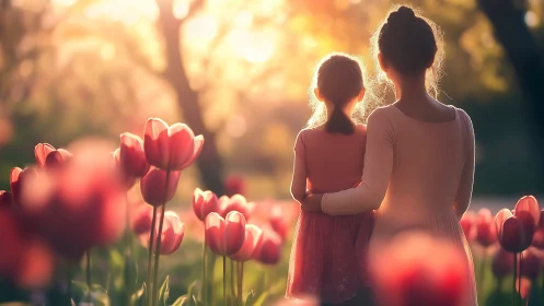 Mother and Daughter in Golden Tulip Field at Sunset