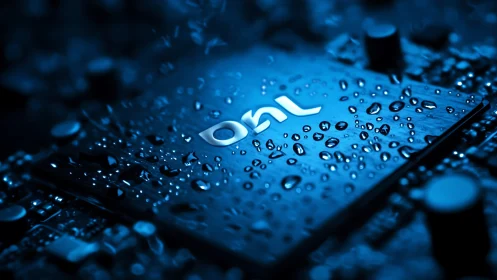 Cool blue raindrops sparkling across sleek circuit tech.