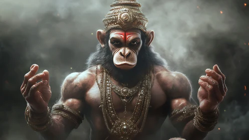 Divine warrior monkey god in smoky cinematic halo.