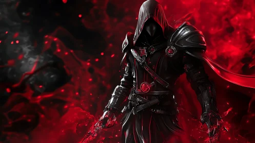 Hooded dark mage commands swirling crimson shadow energy