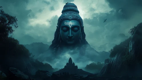 Colossal meditative deity head rises above misty mountain temple