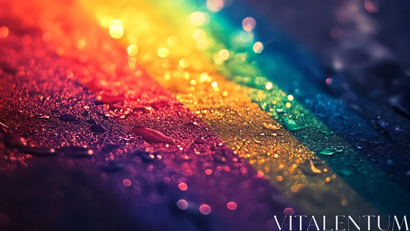 Macro rainbow refraction across wet surface with bokeh highlights