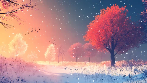 Autumn trees in luminous snowfall merge warm and cool tones