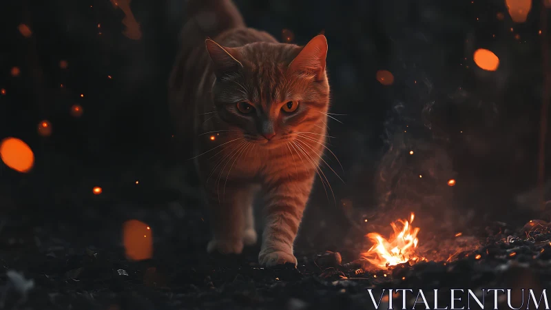Feline Guardian Emerges from Flames and Darkness.