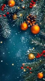 Christmas fir branches with gold baubles and berries.