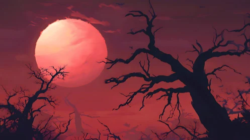 Blood-red moon hangs over twisted haunted forest silhouettes