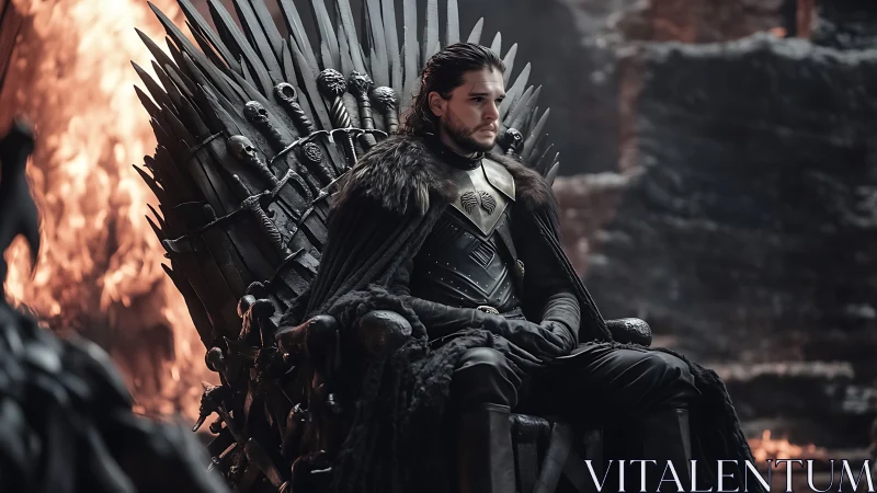 Brooding armored ruler sits on jagged iron throne amid fire