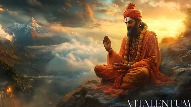 Hindu monk in orange robes meditating above misty mountains.