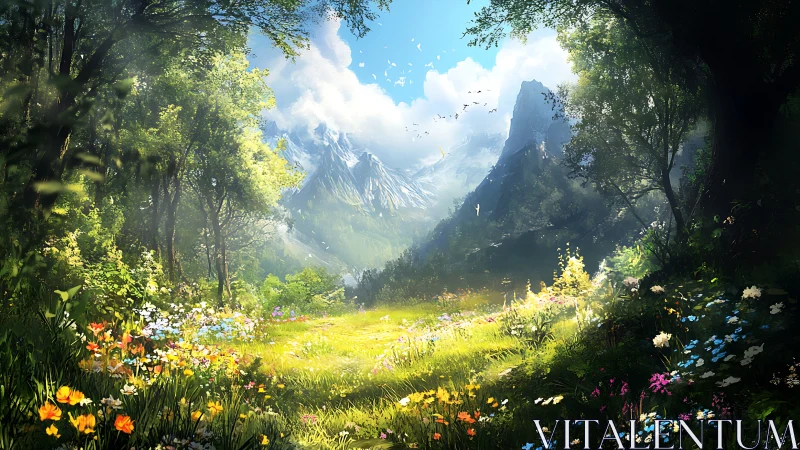 Sunlit meadow gate into whispering crystal mountains.