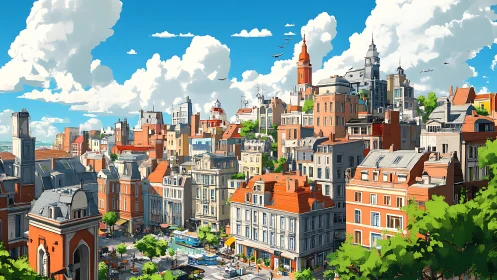 Sunlit midrise European cityscape with mixed rooftops.