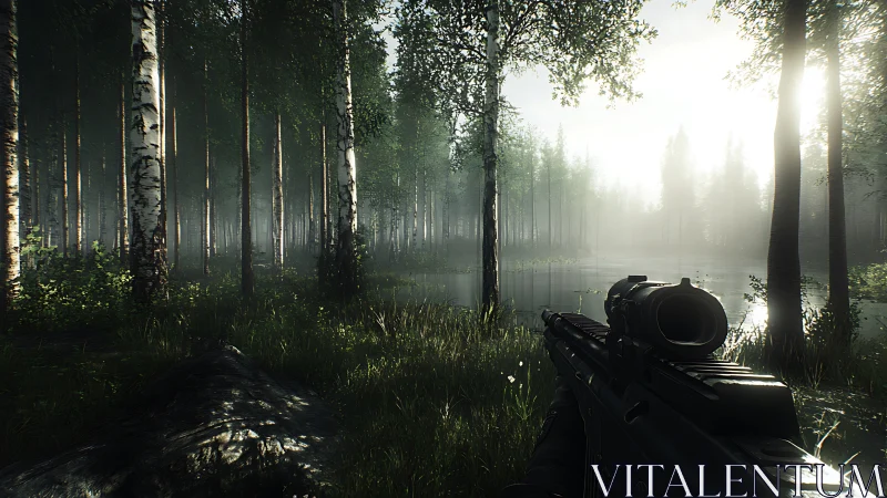 Tactical Forest Ambush: Rendered First-Person Gameplay Environment.
