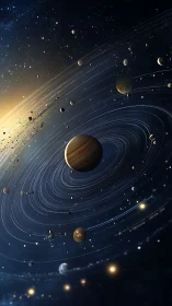 Stellar system with swirling planetary orbits in space.