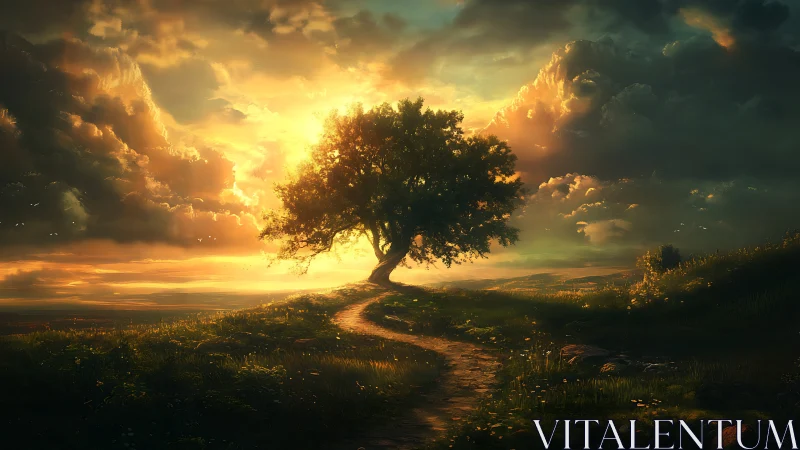 Golden hour tree on a winding path of quiet wonder.