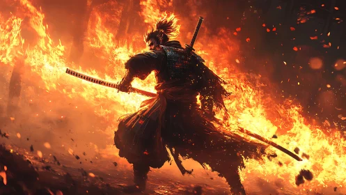 Armored samurai silhouette advances through high-intensity wildfire