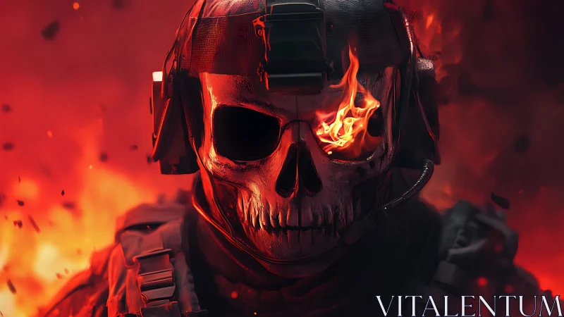 Flaming skull soldier strides through fire with fierce resolve