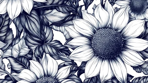 Navy and Cream Sunflower Botanical Illustration. Pen-Rendered Floral Study.