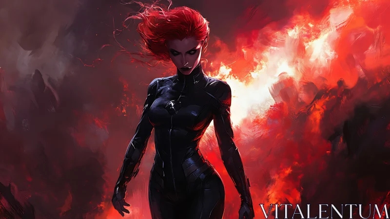 Red haired combatant in glossy bodysuit amid high contrast fire