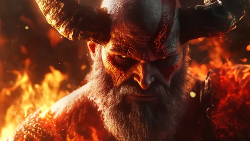 Fiery horned warrior framed by glowing embers and flame.