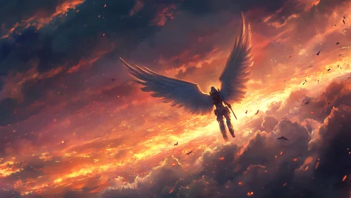 Winged armored figure soaring over blazing sunset clouds.