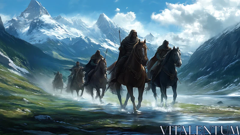 Mounted cloaked riders traverse glacial valley under diffuse alpine light