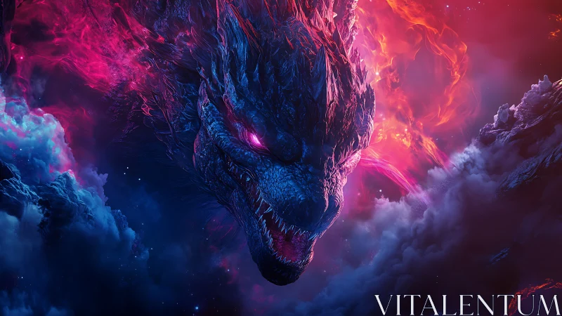 Cosmic dragon head blazing through neon storm clouds.