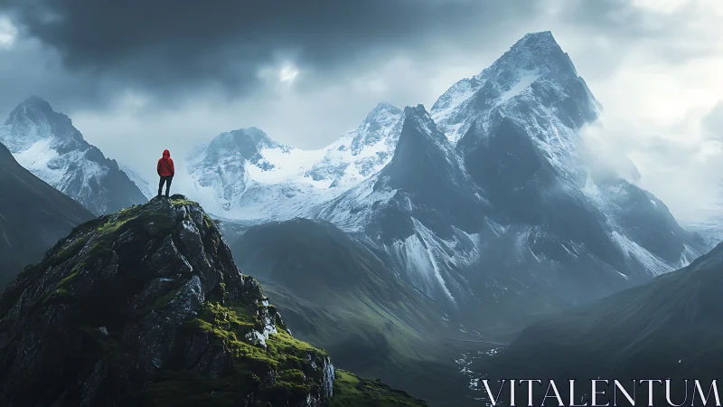 Solitary hiker in vivid red amid storm-laden alpine giants.