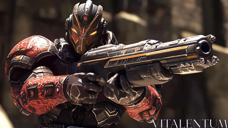 Armored cyber-warrior bracing to fire a colossal plasma rifle.