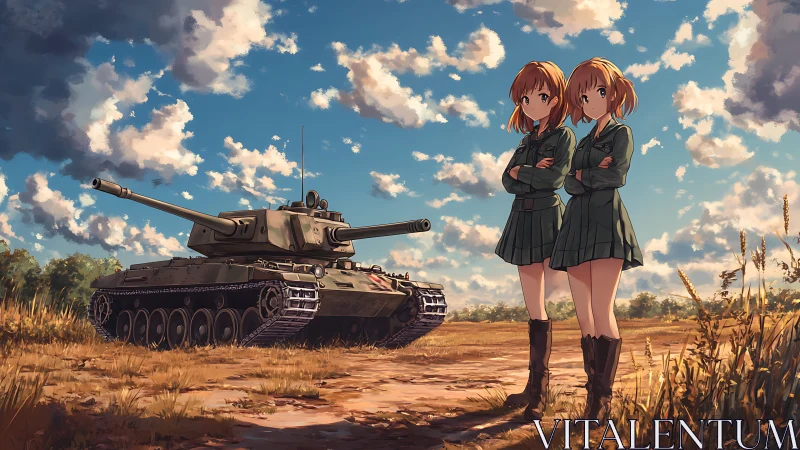 Twin cadets stand before heavy tank under stratocumulus sky