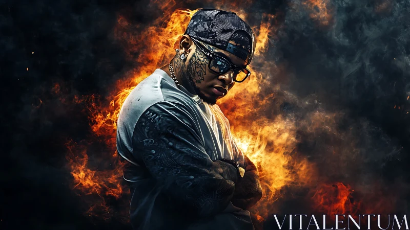 Tattooed man in cap and glasses against fiery backdrop.