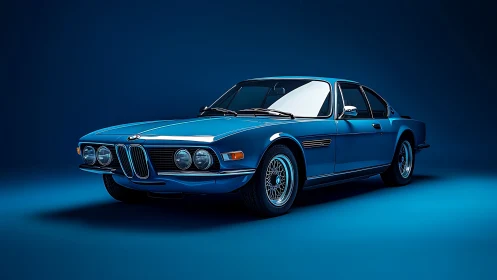 Sleek vintage blue coupe shines under rich studio lights