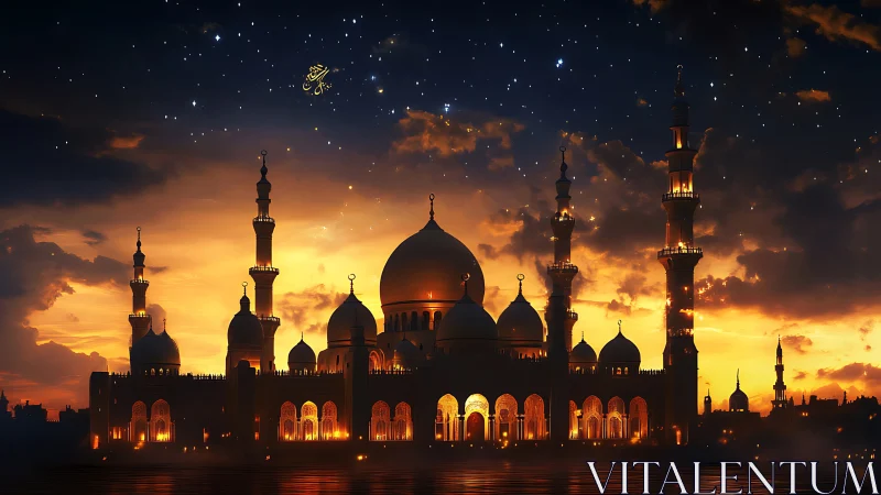 Dusk-kissed mosque domes drink starlight above glowing arches