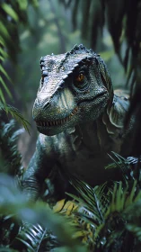 Velociraptor stalks dense jungle under moody teal light.