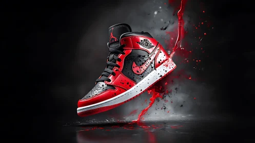 Bold red and black sneaker bursts forward with dynamic flair