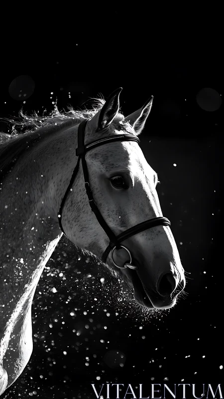 High-contrast monochrome profile of bridled horse in motion