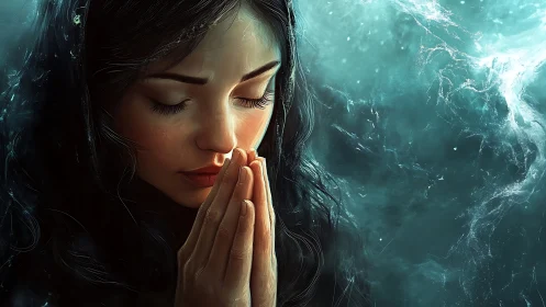 Young woman prays in profile against teal abstract backdrop.