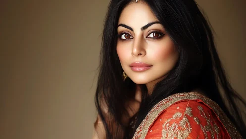 Portrait shows woman in ornate sari with soft studio lighting