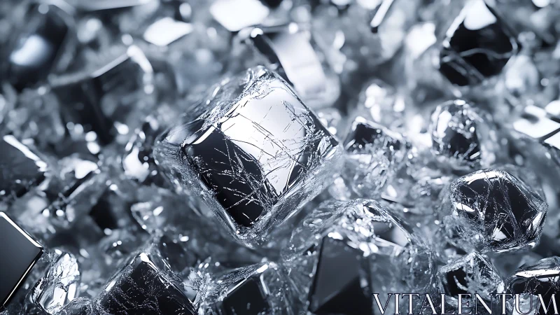 Cracked chrome cubes rest among reflective ice crystals