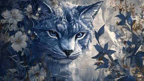 Blue-eyed cat portrait surrounded by ethereal floral elements